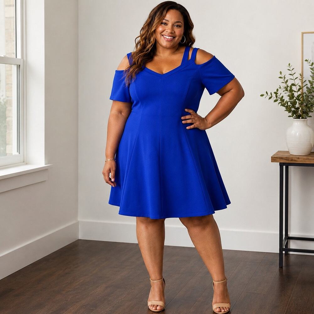 Lane Bryant Fit And Flare Cold Shoulder Spit Strap Cobalt Blue Skater Dress Sz20